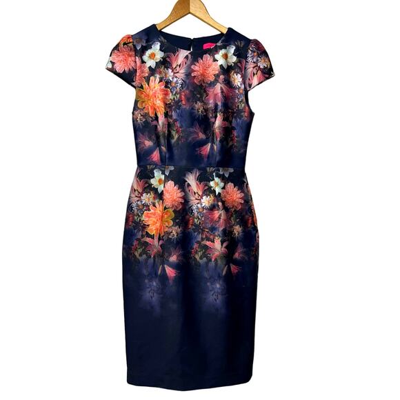 Betsey Johnson Navy Floral Stretch Sheath Midi Dress Cap Sleeve Back Zip Size 0 - Picture 1 of 5